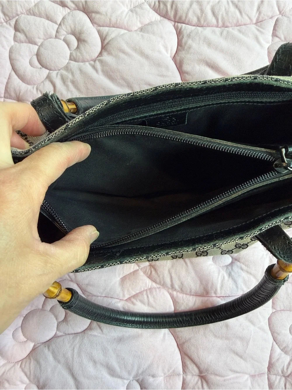Gucci Black & Grey GG Canvas Tote with Bamboo Accents
